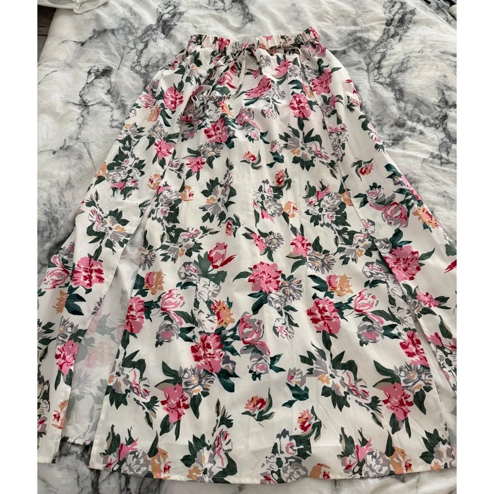 Floral Maxi Skirt White Pink Green Double Slit Beach CoverUp Vacation Skirt boho